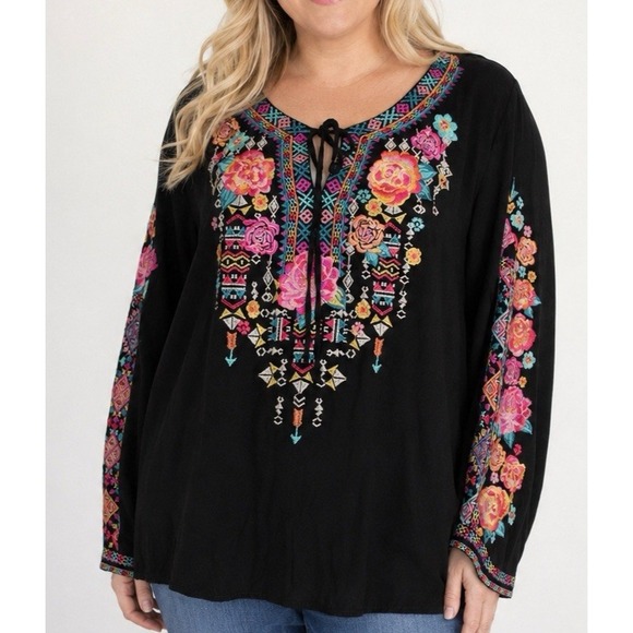 Savanna Jane Tops - Savanna Jane Black Embroidered Boho Coquette Tunic Top 1X Floral Rayon Luxury